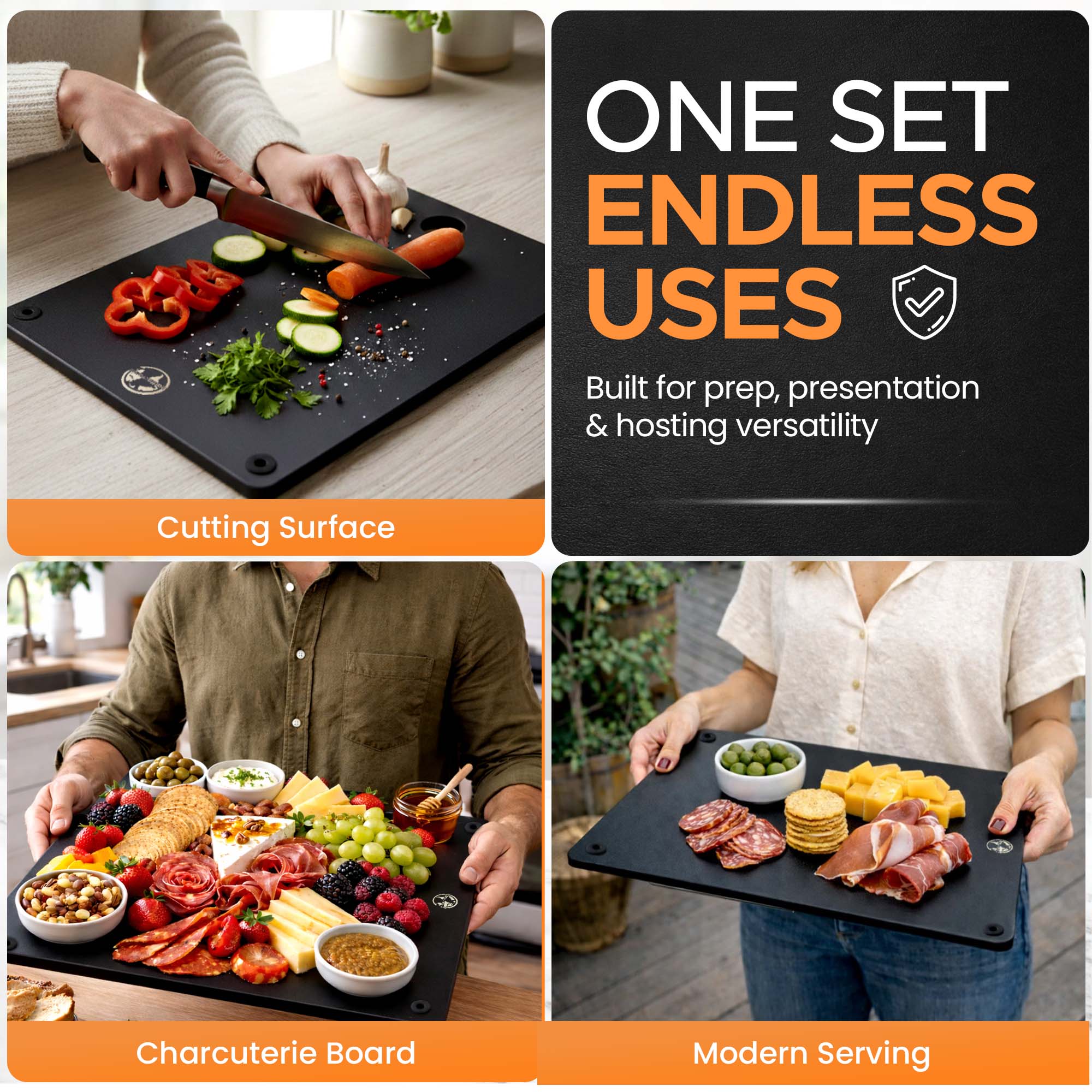 One Set Endless Uses - cutting surface, charcuterie board, and modern serving